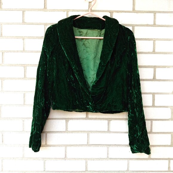 Vintage Bolero Dress Jacket DARK Green Crushed Velvet 40"B Rockabilly Retro - Picture 1 of 11